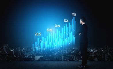 Business bar chart and line graph showing yearly business growth from 2022 to new year 2026,...