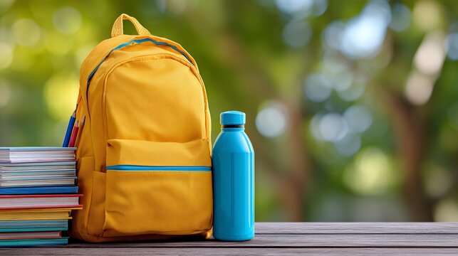 Back to school essentials arranged artfully: backpack, water bottle, books, against a blurred green backdrop.