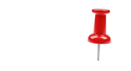 Pristine, vibrant red glossy plastic pushpin with a sharp black metallic point, standing upright on an immaculate transparent studio background with extensive copy space on the left and a soft shadow,