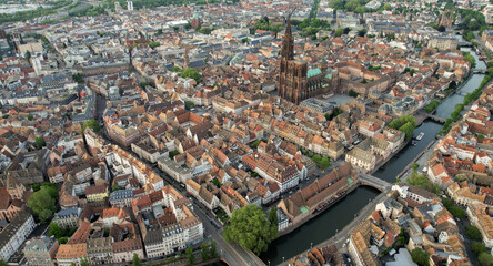 Panoramic aerial of the old town and the cathedral of the city Strasbourg in France on a sunny...
