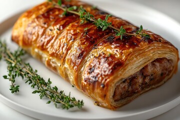 A freshly baked, golden-brown sausage roll in flaky puff pastry, garnished with fresh thyme sprigs on a white plate.