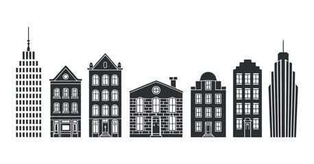 Obraz premium Urban Skyline Silhouette Vector Illustration A Detailed View of City Buildings and Skyscrapers Against a Plain Backdrop, Perfect for Architectural and Urban Design Projects