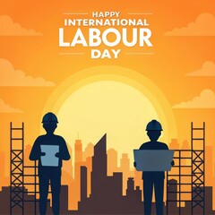 Happy international labour day with construction workers and city skyline