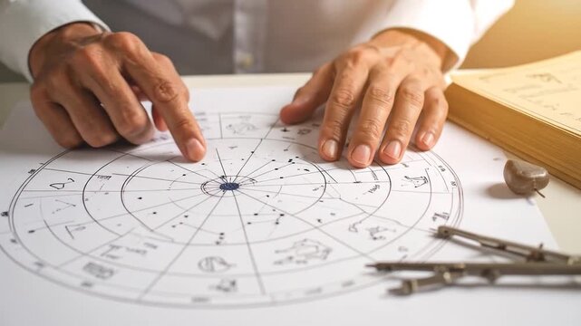 A person's hands point to a circular astrological chart with symbols, a book, and a compass, indicating analysis