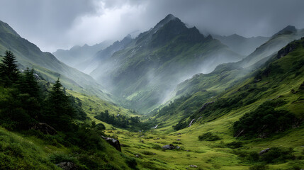 Obraz premium Majestic Mountain Range Serene Landscape Misty Peaks Green Valley Nature Scenery