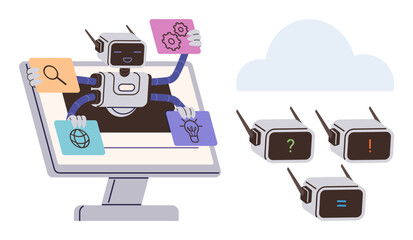 Robot with multiple arms multitasking on computer screen, holding icons for search, settings, globe, and ideas. Connected devices interact with cloud. Ideal for AI, automation, cloud technology