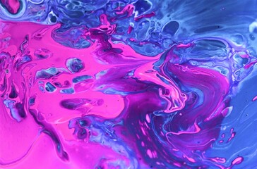 Abstract background of acrylic paint in blue and pink tones, close-up
