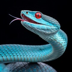 Fototapeta premium “Ultra Close-Up of Electric Blue Viper Snake with Intense Red Eyes Staring, Macro Wildlife Photography in 4K”