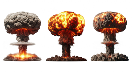 Three distinct mushroom cloud explosions with fiery centers and smoke plumes isolated on transparent background