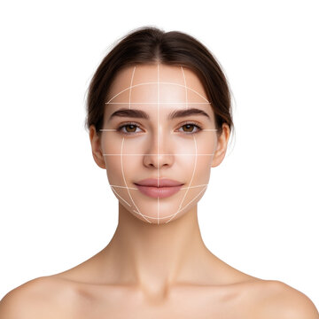 Female face with symmetry lines on transparent background, concept of beauty, dermatology, and facial recognition