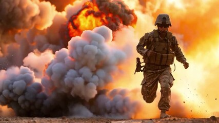 A cinematic shot of a military soldier sprinting toward the camera, escaping a massive fiery explosion in the background—dust, debris, and flames surrounding the intense battlefield escape