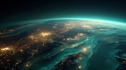 A stunning nighttime satellite view of Earth showing illuminated cities and atmospheric glow over the continents.