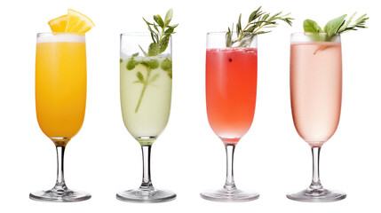 Colorful summer cocktails with herbs, citrus, and ice in tall glasses, isolated on transparent background