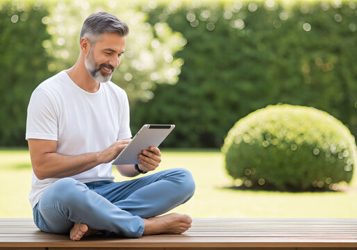 Mature man with gray hair using tablet outdoors in sunny garden