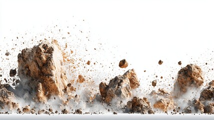 Dynamic scene featuring colliding rocks showcasing power and earth's raw energy against a minimalist white background.