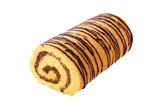 a roll cake with chocolate icing on a white background