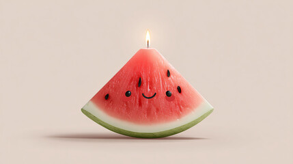 Watermelon slice with candle and smiley face, bright summer treat style, transparent background