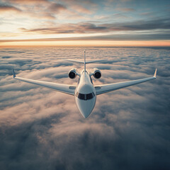 Luxury Private Jet Flying Above Clouds at Sunset