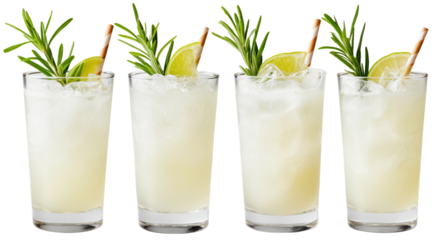 Set of creamy piña coladas with pineapple slices and mint in hurricane glasses, tropical cocktails isolated on transparent background - Powered by Adobe