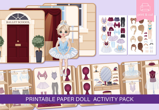 Printable ballet school dollhouse book with ballerina paper doll, mix-and-match clothes, dress-up accessories and stage backgrounds. Vector template for kids playbook, DIY craft project