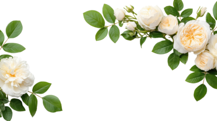 Elegant cream rose corner floral arrangement on transparent background, concept of wedding and romantic decoration