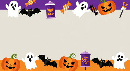 Halloween Decoration Background with Ghosts, Pumpkins and Bats