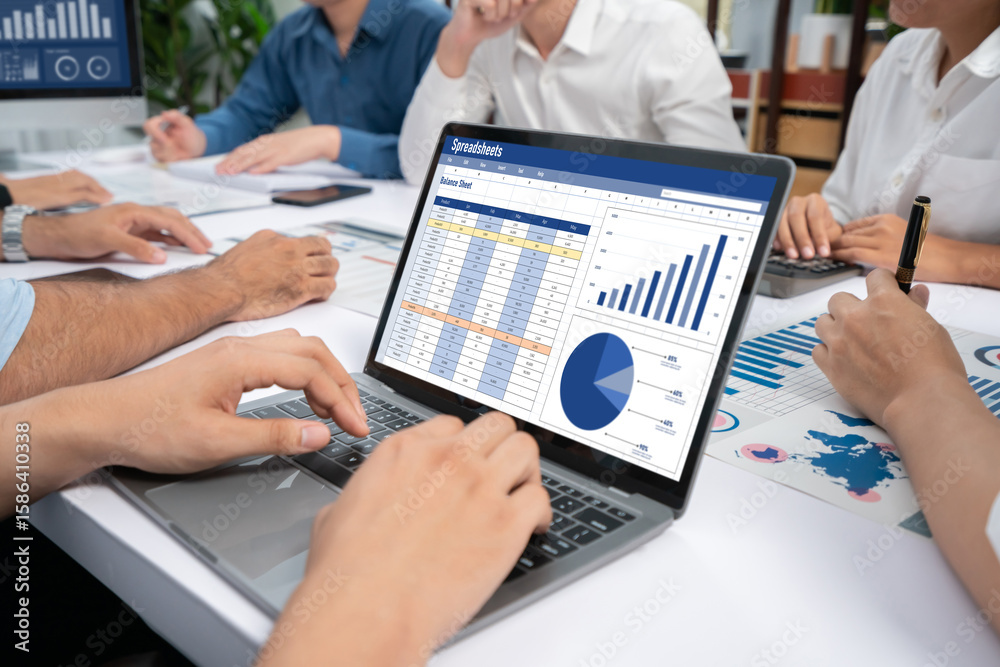 Poster spreadsheet document information financial startup concept. data and graphs in spreadsheet documents