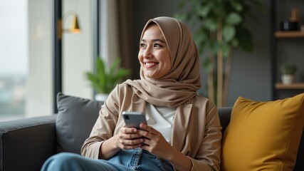 Thoughtful woman smiling on sofa, holding mobile phone and looking away Muslim business. Authentic Arabian style.
