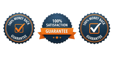 Three circular badges with text stating 100 money back guarantee and 100 satisfaction guarantee isolated on transparent background