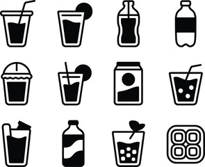 Collection of various black and white drink icons and beverage symbols