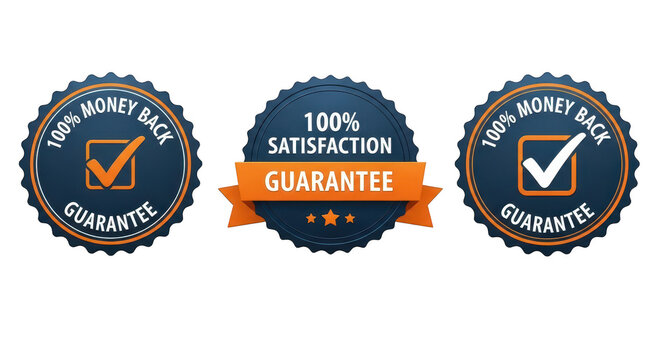 Three circular badges with text stating 100 money back guarantee and 100 satisfaction guarantee isolated on transparent background