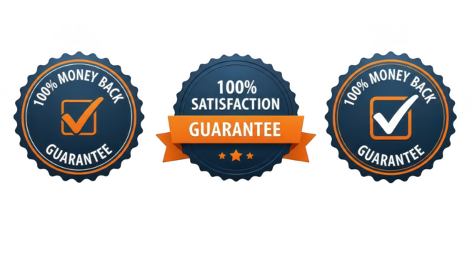 Three circular badges with text stating 100 money back guarantee and 100 satisfaction guarantee isolated on transparent background - Powered by Adobe