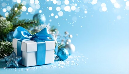 Festive Christmas gift on blue background