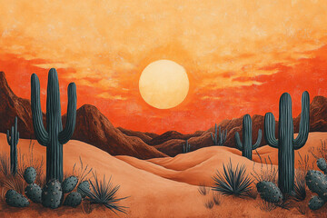 Dramatic Desert Sunset Landscape Painting with Cacti and Mountains