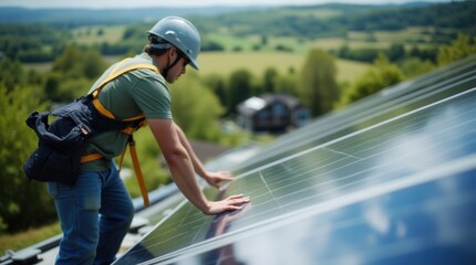 Engineer installing solar panels on rooftop overlooking scenic countryside