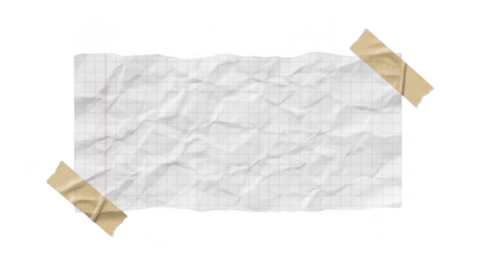 A wrinkled, torn sheet of grid paper held by tape, isolated on a transparent background