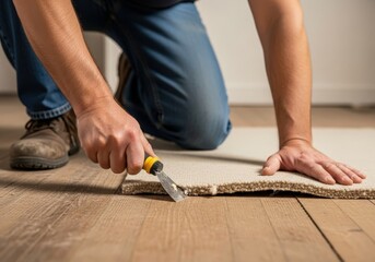 Worker installing carpet with cutter on wooden floor in home renovation project