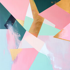 Modern Abstract Painting with Pink Teal and Gold Geometric Shapes Contemporary Art