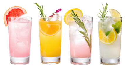 Refreshing summer cocktails with citrus fruits and herbs in clear glasses on transparent background