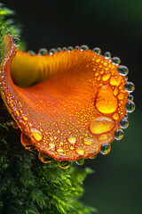 Macro Orange Mushroom with Dew Drops on Moss.
