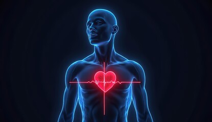 A vivid red heart is centrally highlighted, made of connected digital lines, with a red ECG heartbeat line extending from it across the chest.