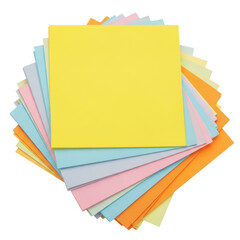 A vibrant stack of colorful sticky notes in various pastel shades, isolated on a transparent background
