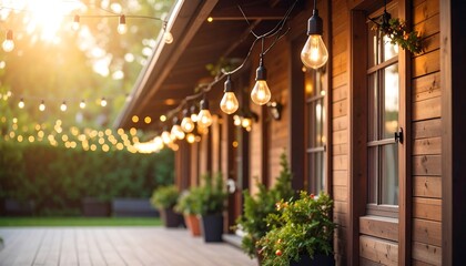 Obraz premium Exterior of a wooden house with string lights