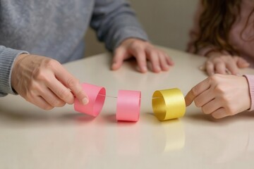 Hands crafting colorful paper chains garland on white table