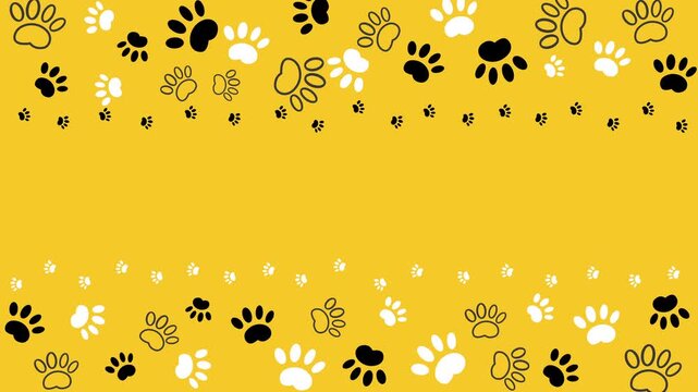 Paw prints background. Cute dogs pets paw print on yellow background. Zoological animated frame with empty space for text. Loop motion graphic.