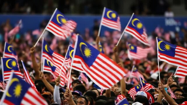 Malaysian Patriotism: A Crowd Waves Jalur Gemilang Flags High
