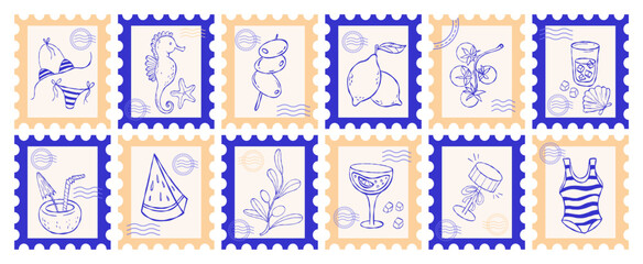 Mediterranean Postage Stamps set. la dolce vita aesthetics drawing. Isolated Vintage Summer beach Yellow blue Trendy vertical Posters Stamps Hand sketch. Vector illustration. Not AI