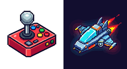 Vintage pixelated arcade game controller and futuristic spaceship