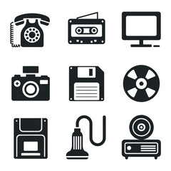 Outdated Technology A Collection of Black and White Vector Icons Representing Obsolete Electronic Devices and Media Formats from the Past Era of Technological Advancement