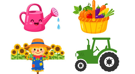 Obraz premium Vibrant Illustration of Gardening Elements. This colorful illustrations showcasing a collection of gardening and farming elements, including a watering can, harvest basket, scarecrow, and a tractor.